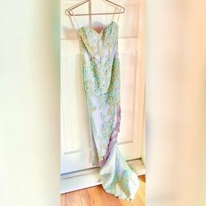 Jovani Baby Light Blue Gold Corset Slit Strapless Gown
